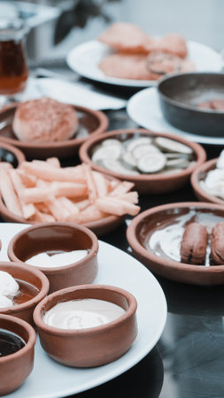 A vibrant breakfast spread with colorful ingredientsの写真素材