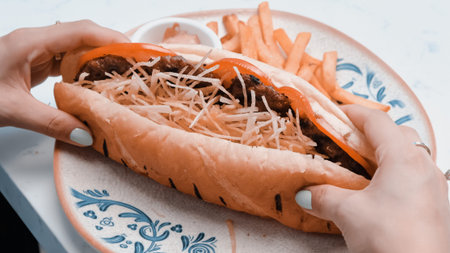 Delicious meat sandwich on the table