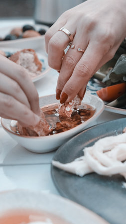 A bright and cheerful breakfast spread on a tableの写真素材