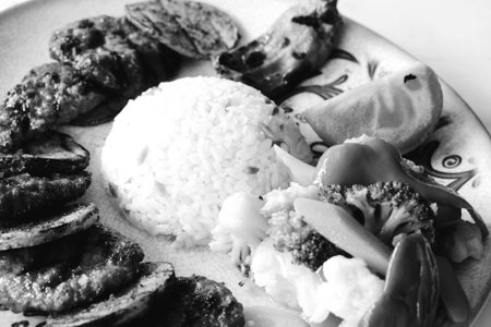 Delicious meatballs with french friesの写真素材