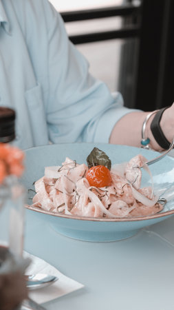 Tasty appetizing classic Italian pasta with a delicious sauce.の写真素材