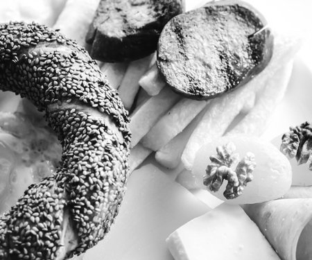 A vibrant breakfast spread with colorful ingredientsの写真素材