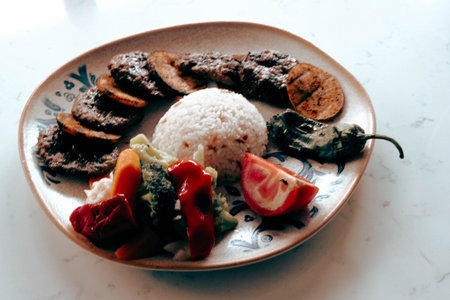 Delicious meatballs with french friesの写真素材