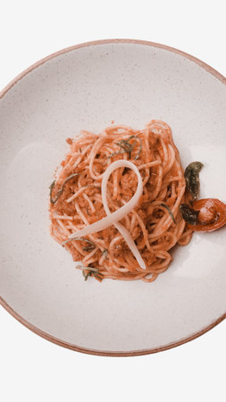 Tasty appetizing classic Italian pasta with a delicious sauce.の写真素材