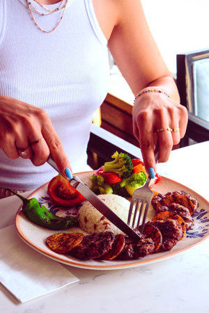 Delicious meatballs with french friesの写真素材