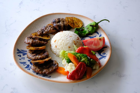 Delicious meatballs with french friesの写真素材