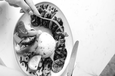 Delicious meatballs with french friesの写真素材