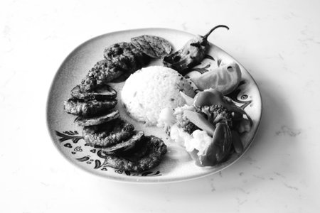 Delicious meatballs with french friesの写真素材