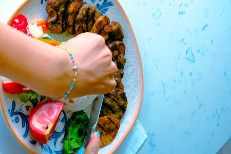 Delicious meatballs with french friesの写真素材