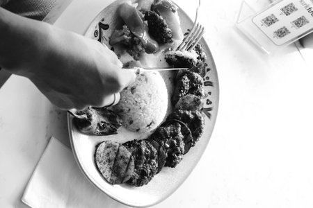 Delicious meatballs with french friesの写真素材