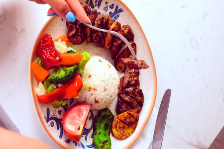 Delicious meatballs with french friesの写真素材