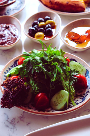 Close-up of a homemade breakfast spreadの写真素材