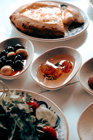 A vibrant breakfast spread with colorful ingredientsの写真素材