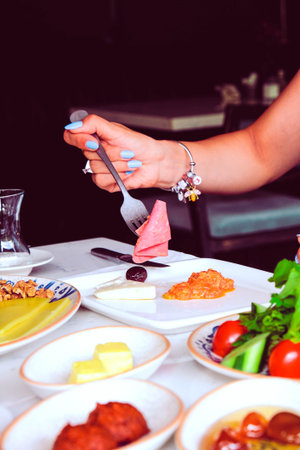 Colorful Turkish breakfast spread with regional specialtiesの写真素材
