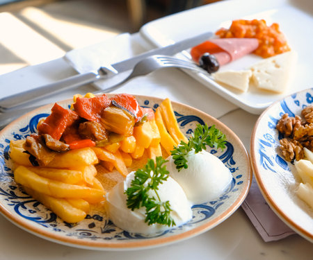 Close-up of a homemade breakfast spreadの写真素材