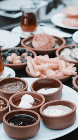 Fresh fruits and healthy foods for a morning mealの写真素材