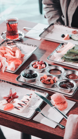 Close-up of a delicious homemade breakfast spreadの写真素材