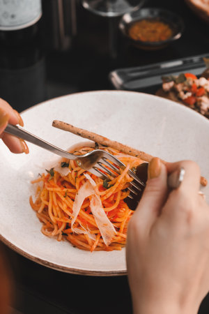 Tasty appetizing classic Italian pasta with a delicious sauce.の写真素材