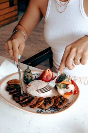 Delicious meatballs with french friesの写真素材