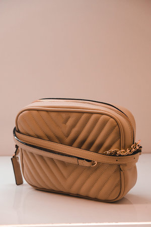 fashionable and luxury handbag isolated on beige