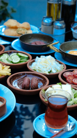 Colorful Turkish breakfast spread with regional specialties