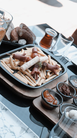 Traditional Turkish breakfast with fresh ingredientsの写真素材