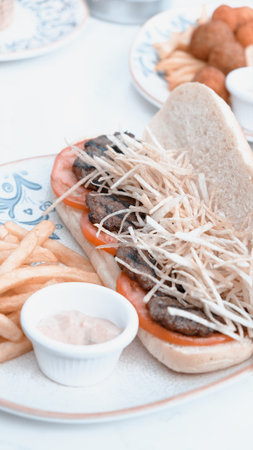 Delicious meat sandwich on the tableの写真素材