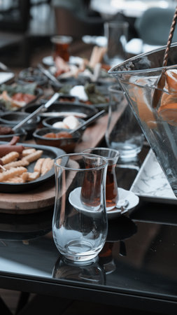 Traditional Turkish breakfast with fresh ingredientsの写真素材