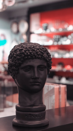Sculpture of a female head in a shop window.