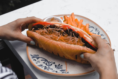 Delicious meat sandwich on the tableの写真素材