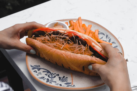 Delicious meat sandwich on the tableの写真素材