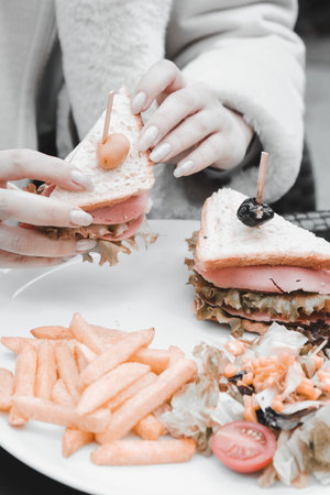 Delicious meat sandwich on the tableの写真素材