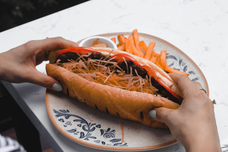 Delicious meat sandwich on the tableの写真素材