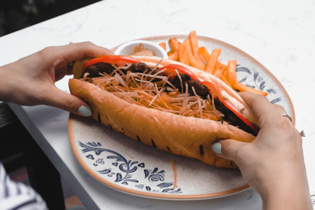 Delicious meat sandwich on the tableの写真素材