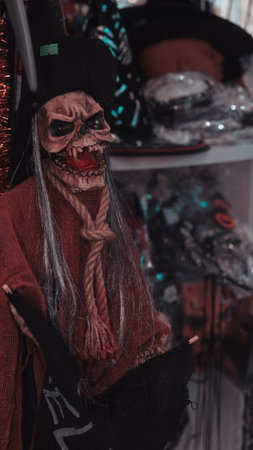 Halloween, holidays, celebration and people concept - close up of scary skeleton face in witch costumeの写真素材