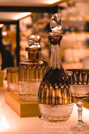 Glass decanters and bottles in a shop, shallow depth of field