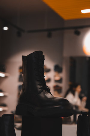 selective focus of mannequin with stylish black boots in boutiqueの写真素材