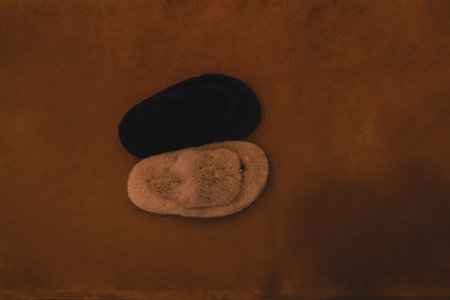 High angle view of a fur object on a brown leather sofa.の写真素材