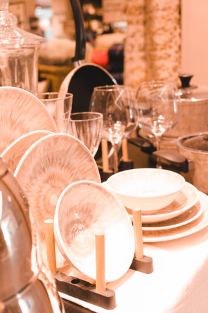 Selective focus point on Tableware in buffet restaurant - Vintage Filterの写真素材