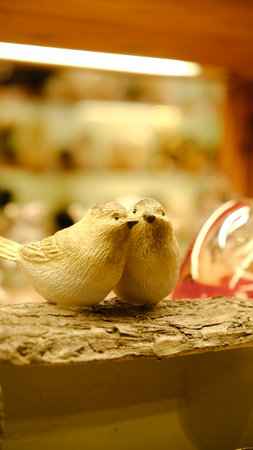 Two white birds sitting on a shelf in a shop, closeup of photoの写真素材