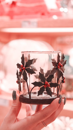 Christmas decoration in the form of a holly leaf on a glass standの写真素材