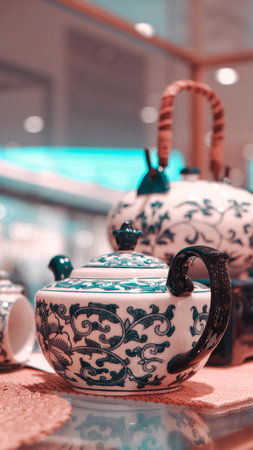 Teapot and cup in the shop window. Selective focus.の写真素材
