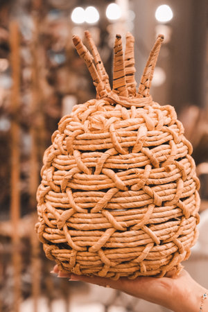 Wicker basket in woman hand. Basket made of natural materialsの写真素材