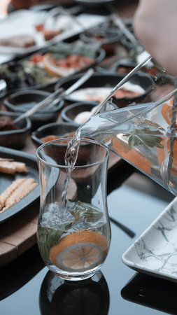 Fresh fruits and healthy foods for a morning mealの写真素材