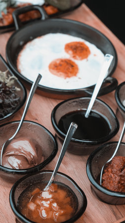 Close-up of a delicious homemade breakfast spreadの写真素材