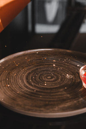 Close-up shot of a frying pan in a restaurant kitchen.の写真素材