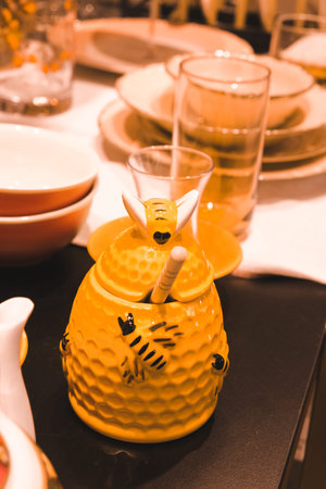 Ceramic tableware in the restaurant, closeup of photo