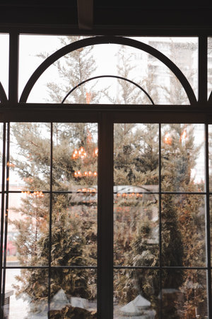 View from the window to the winter forest through the glass of a cafe