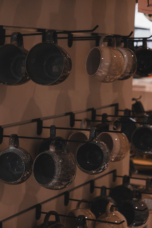Coffee shop in Paris, France. Antique coffee pots on the shelfの写真素材