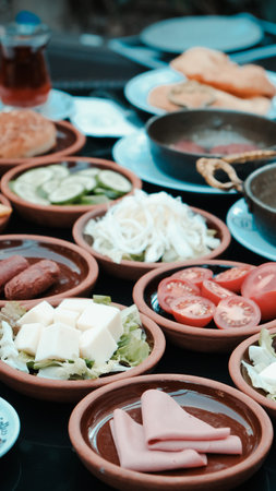 Colorful Turkish breakfast spread with regional specialtiesの写真素材